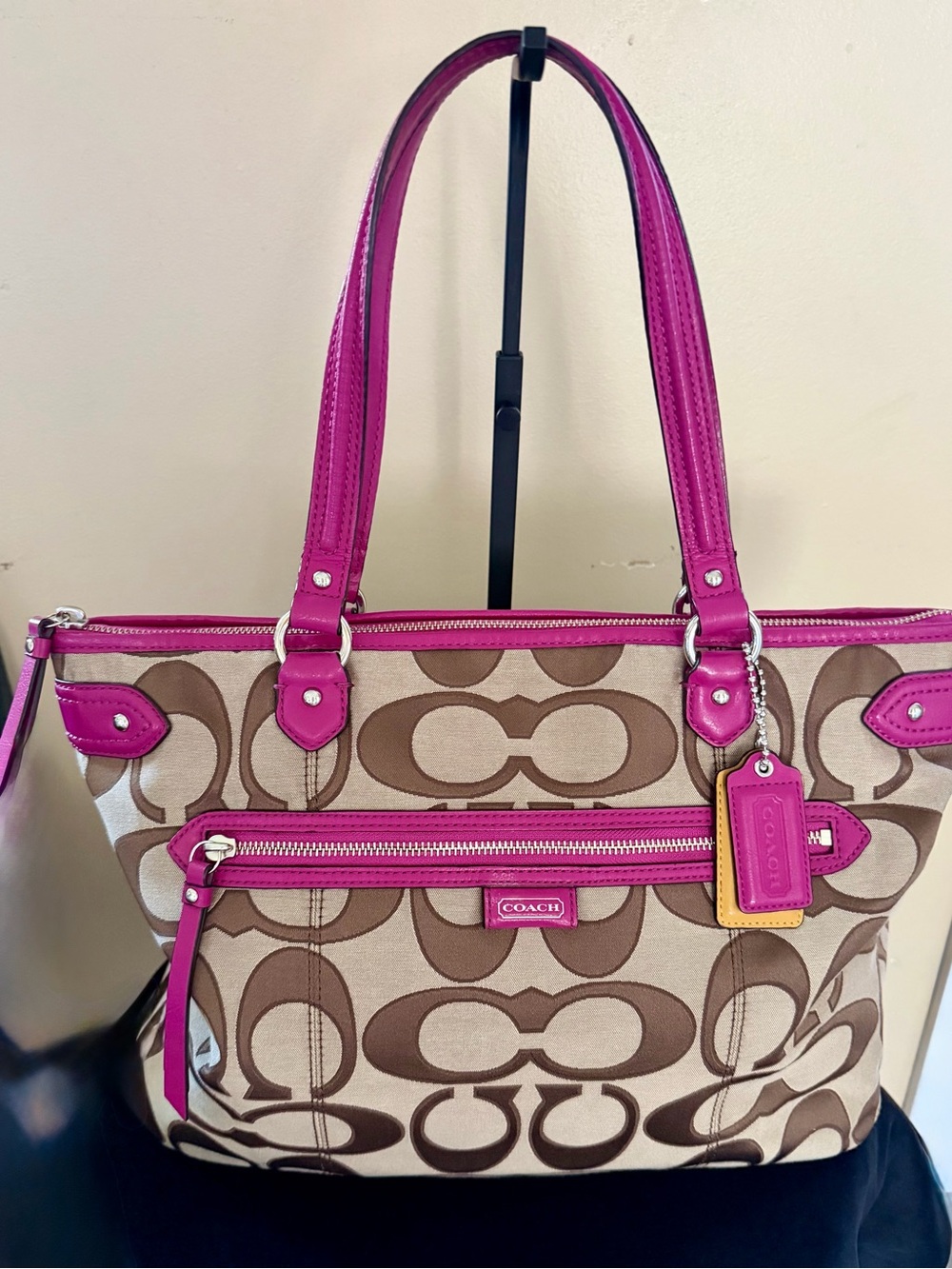 Coach Brown Signature Tote with Hot Pink Trim